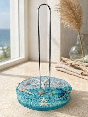 Ocean Blue Resin Paper Towel Holder with Sea Life Accents
